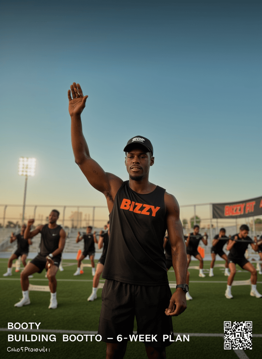 A fitness instructor leads a group workout on an outdoor field.