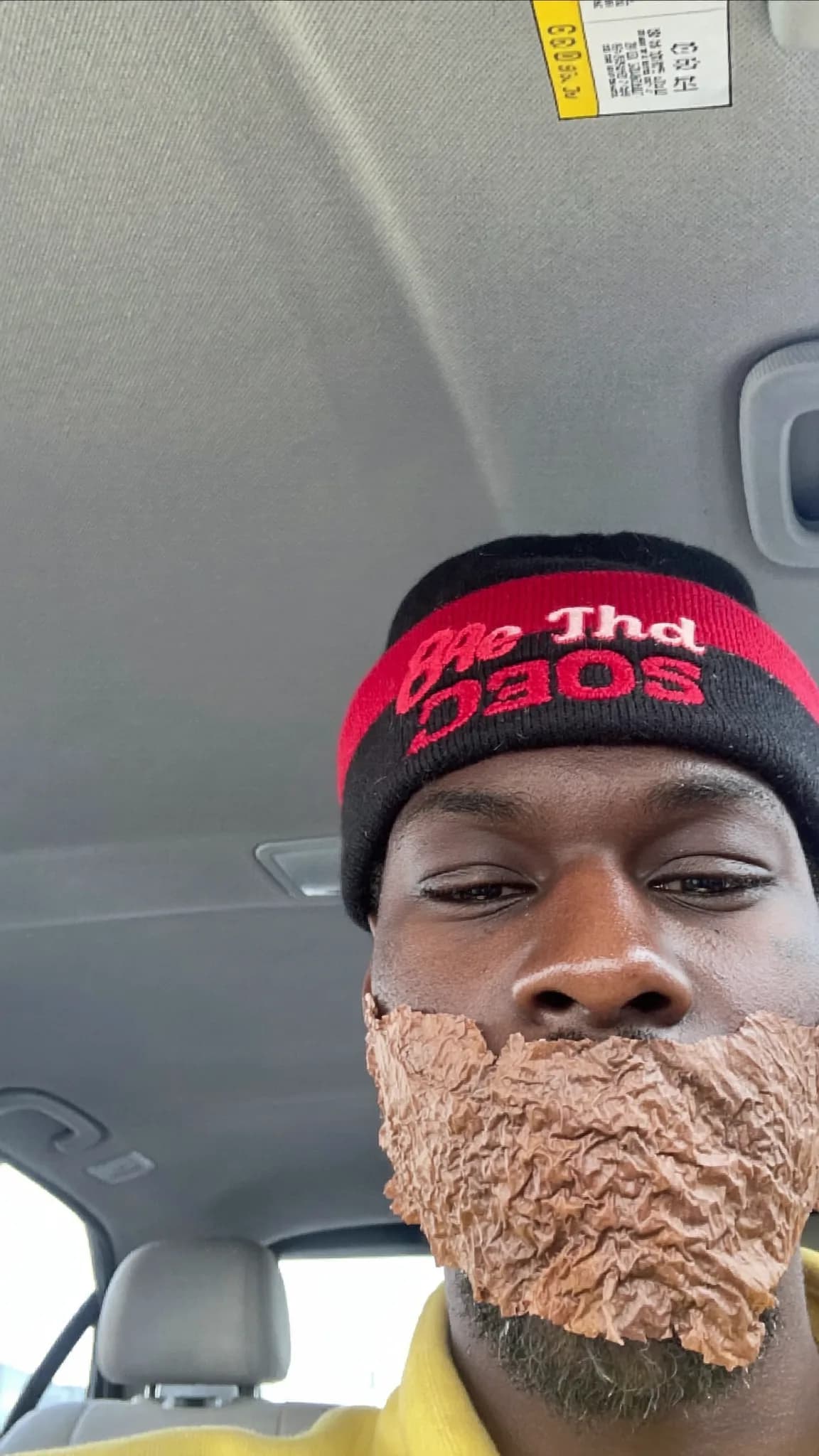 A person wearing a beanie and sitting in a car with an unusual beard texture.