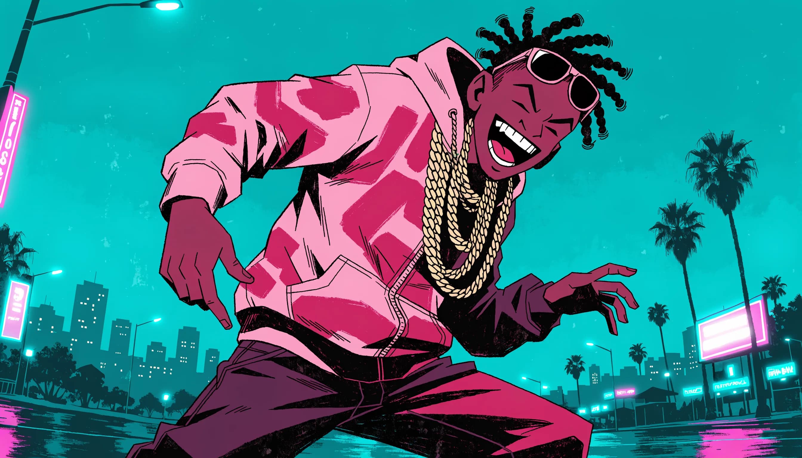 A character in a casual outfit dances energetically on a city street at night.