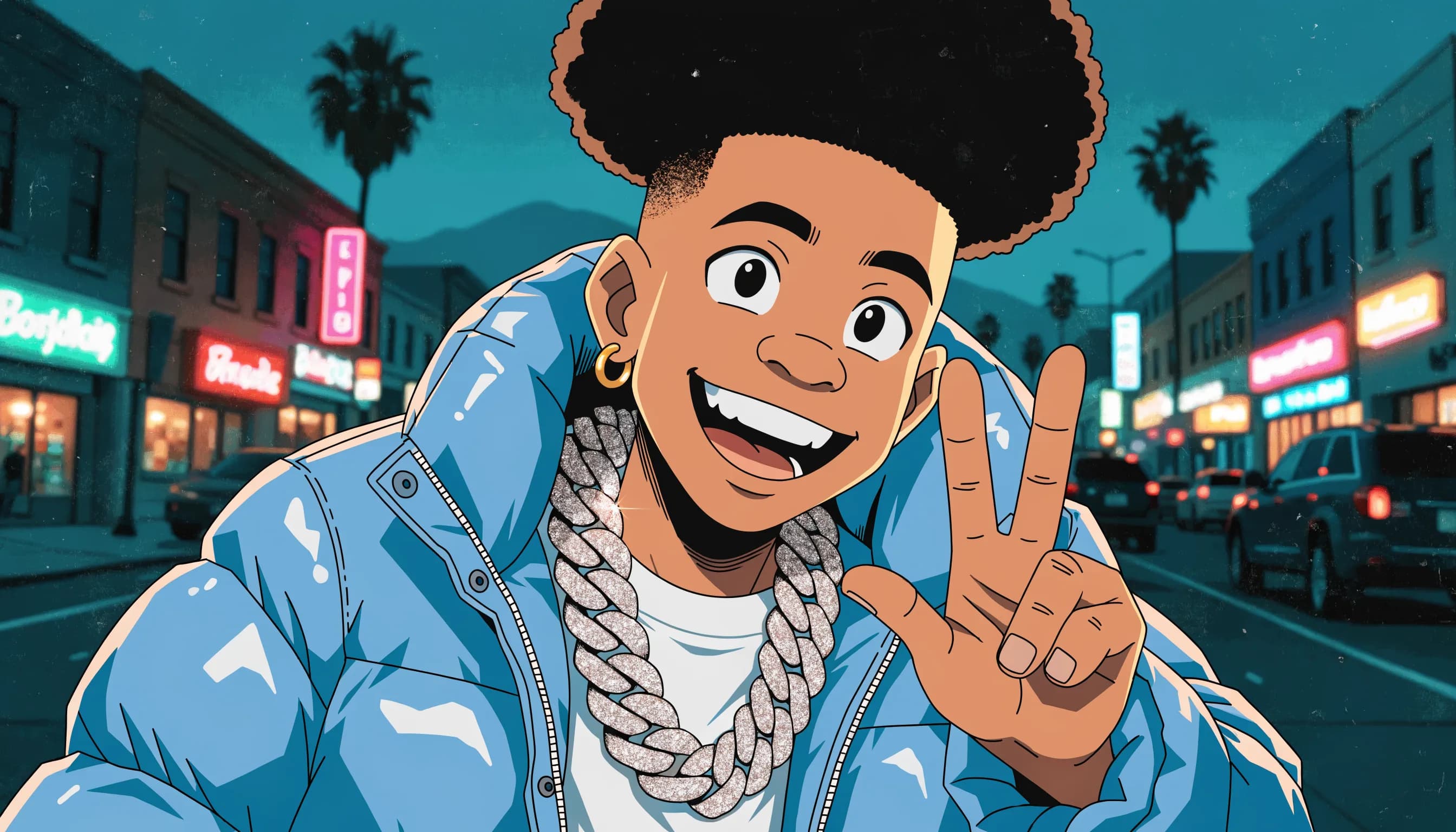 A cheerful character with a blue jacket and sparkly chain poses on a city street at night.