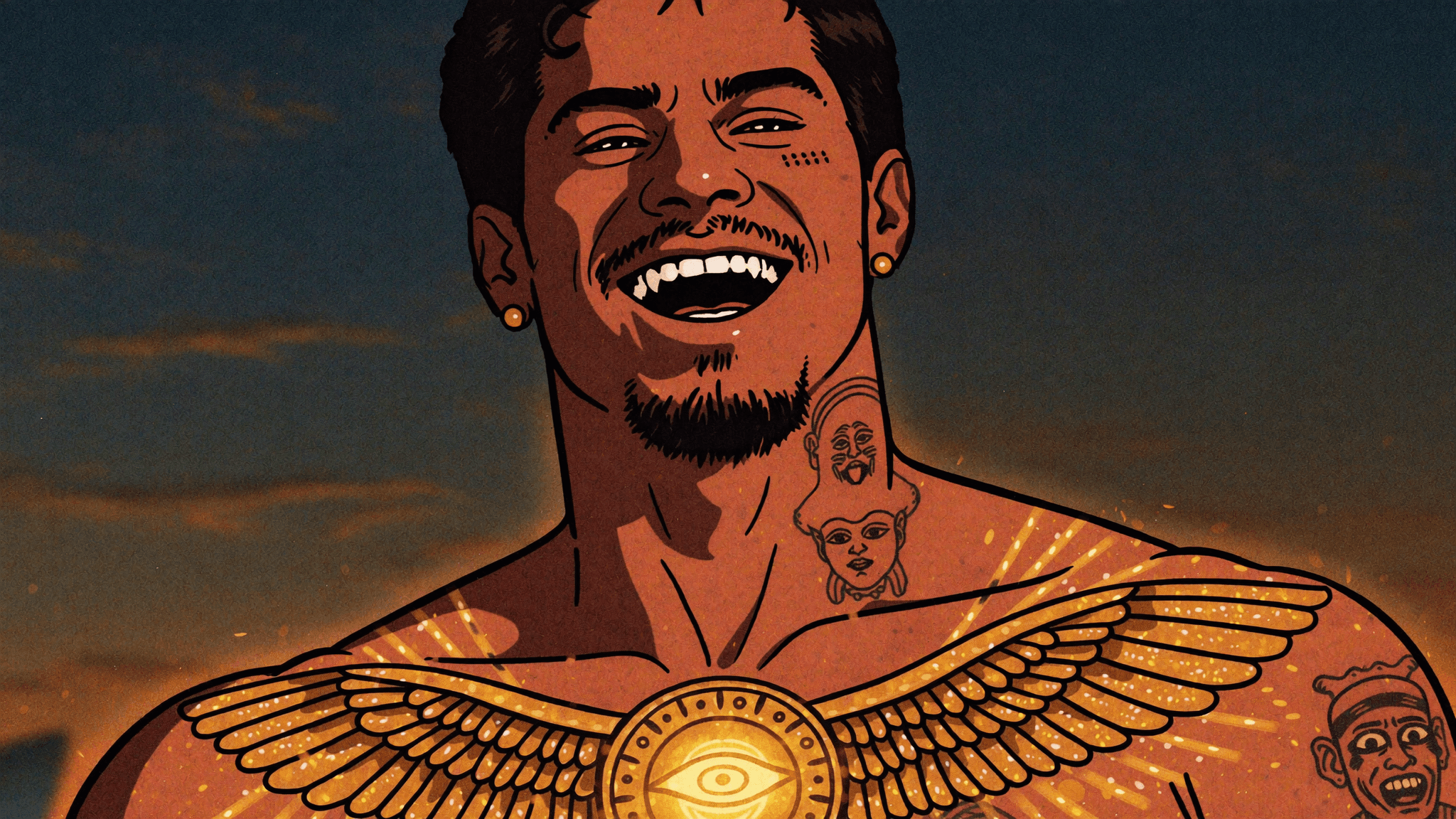 A smiling man with tattoos and an eye symbol on his chest is depicted in a stylized illustration.
