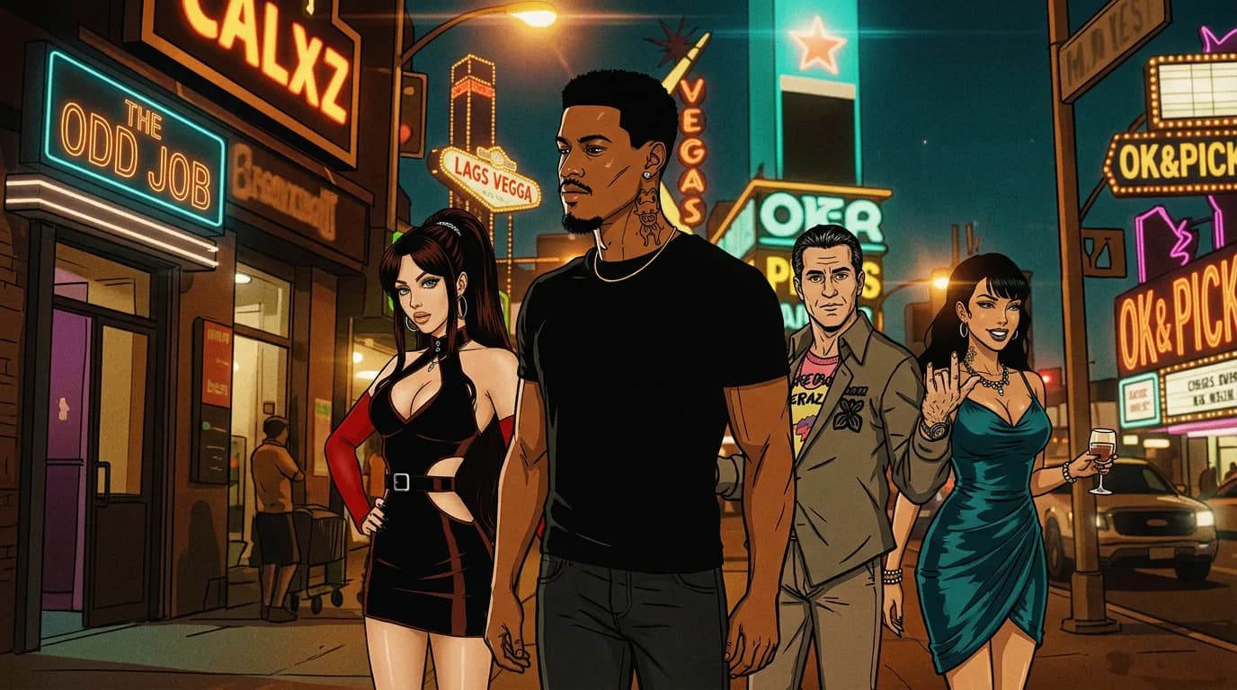 A group of stylish individuals walk down a neon-lit street in Las Vegas, exuding confidence and glamour.