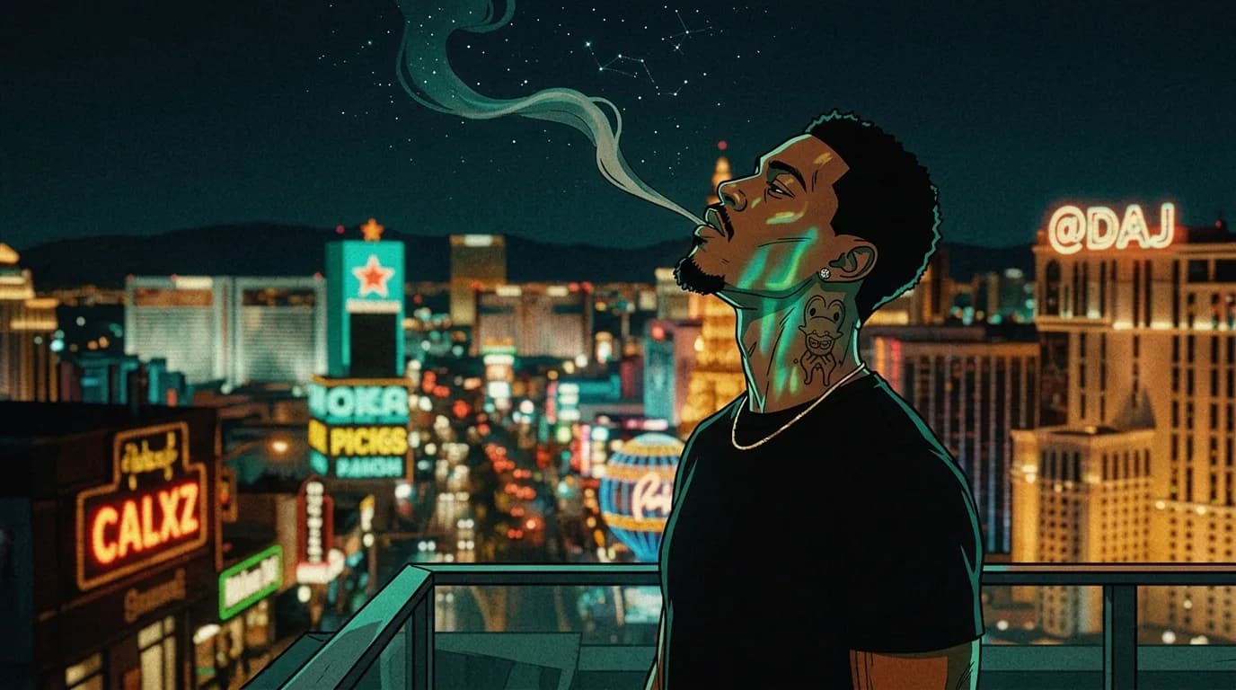 A man stands on a balcony overlooking a vibrant cityscape at night, smoking and gazing into the distance.