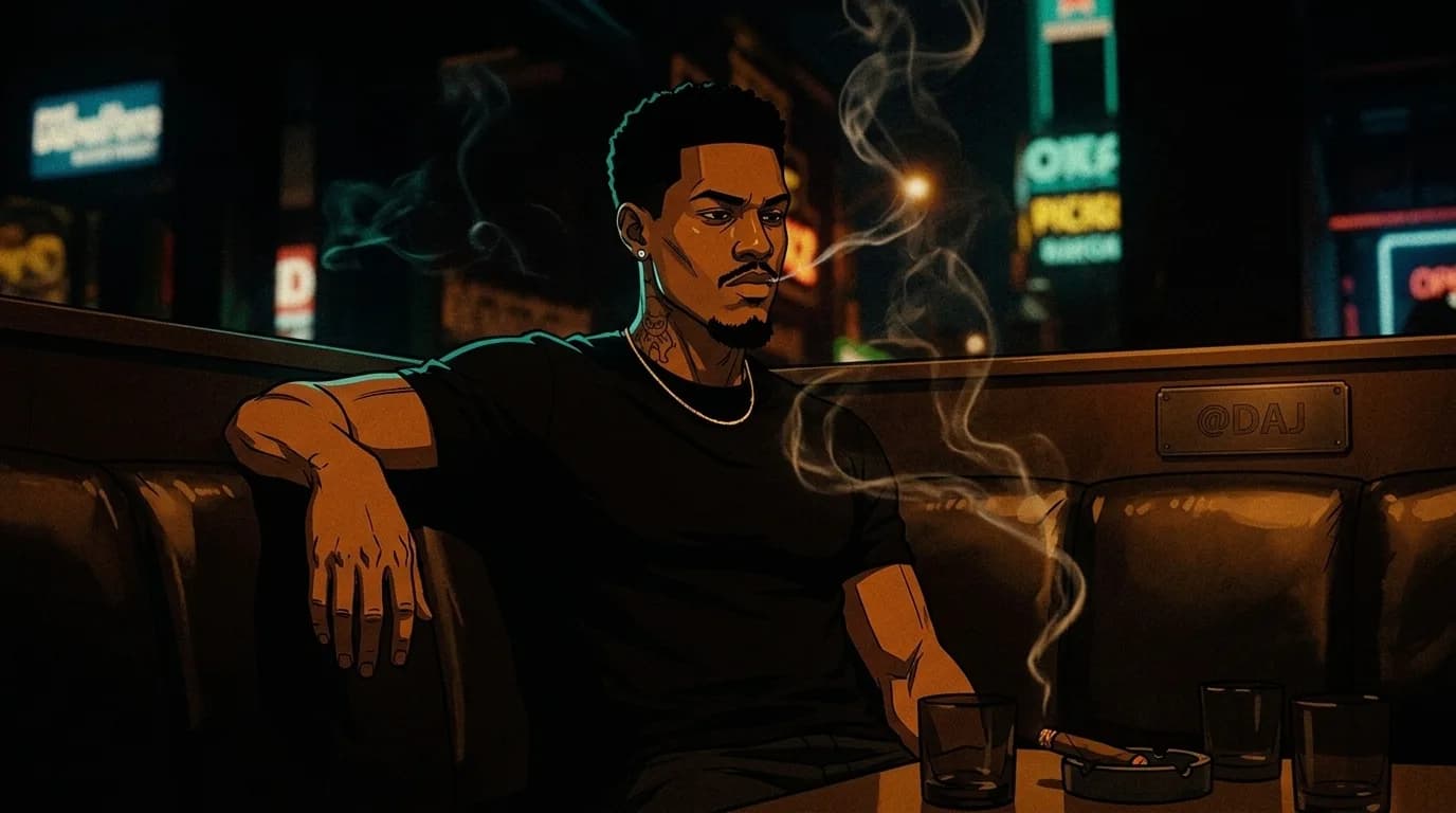 A man sits in a club, smoking and looking contemplative.