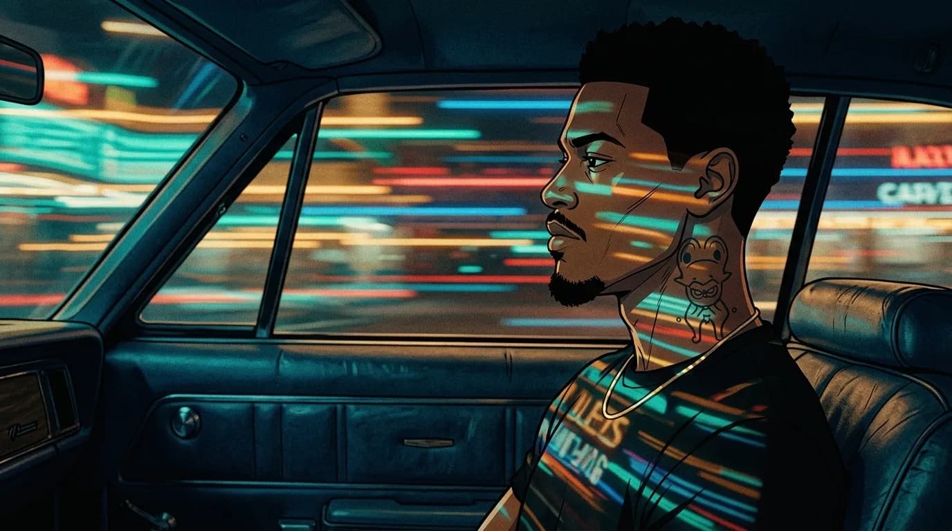 A young man with a pixie cut and septum ring sits in the backseat of a car, illuminated by neon lights.