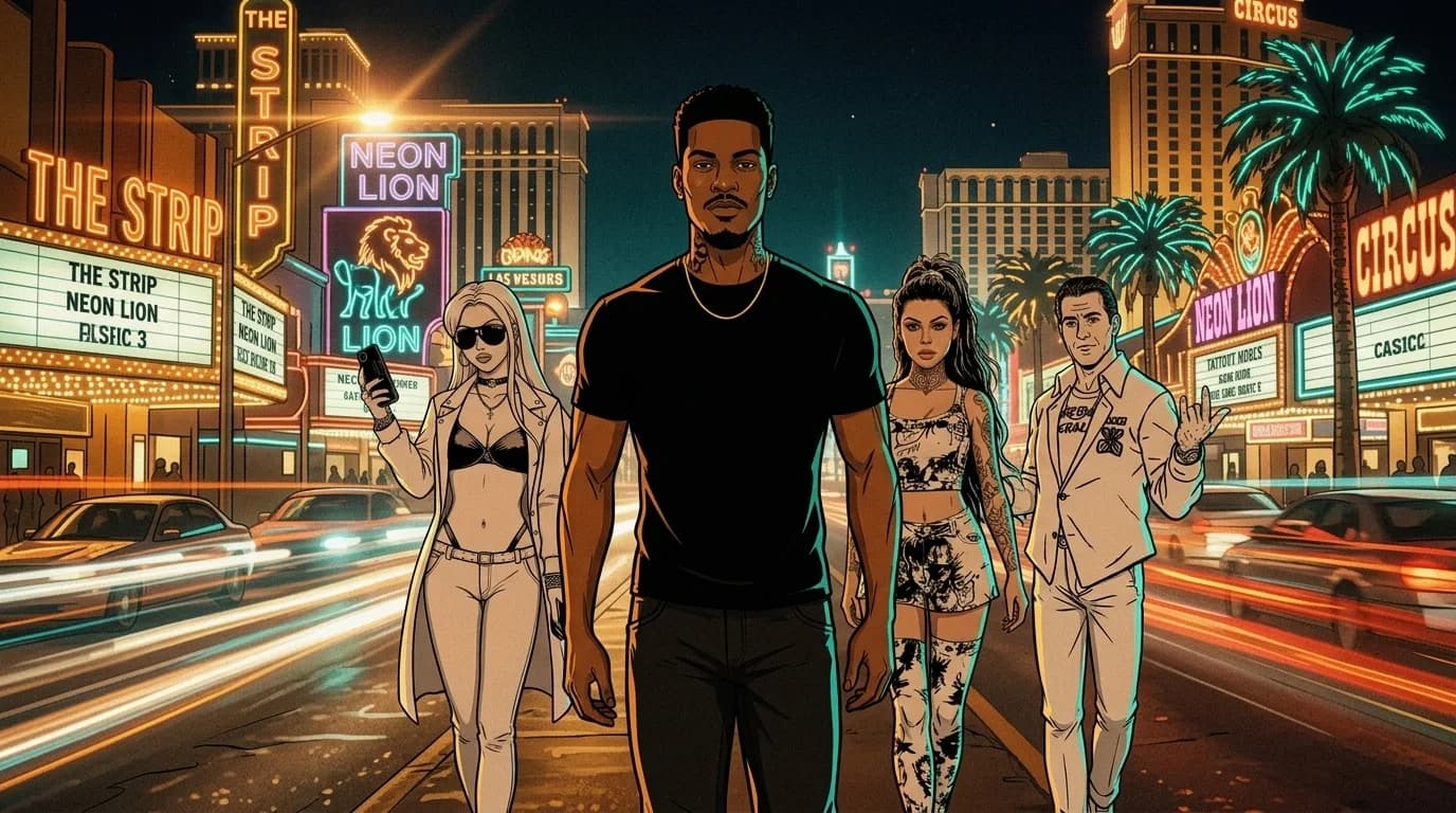 A group of stylish individuals walk down a neon-lit Las Vegas street at night.