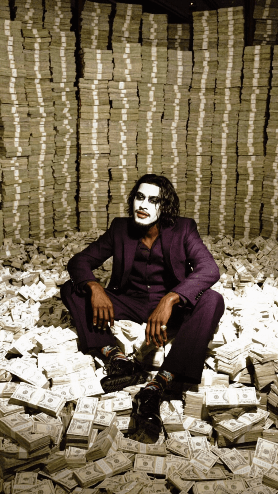 A person dressed in formal attire sits amidst a large pile of cash, with stacks of money in the background.