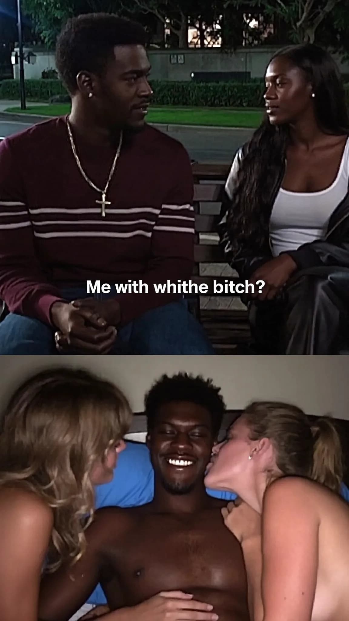 A man is seen in an intimate setting with two women, smiling and engaging closely.