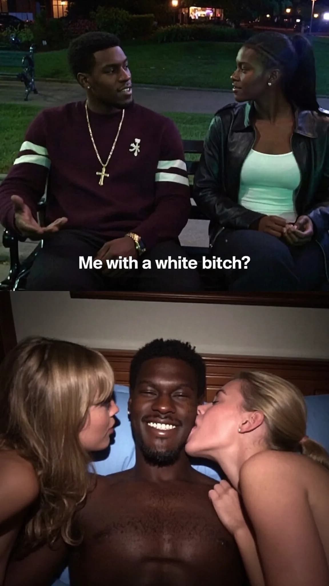 A man is smiling while being kissed by two women in a bedroom setting.