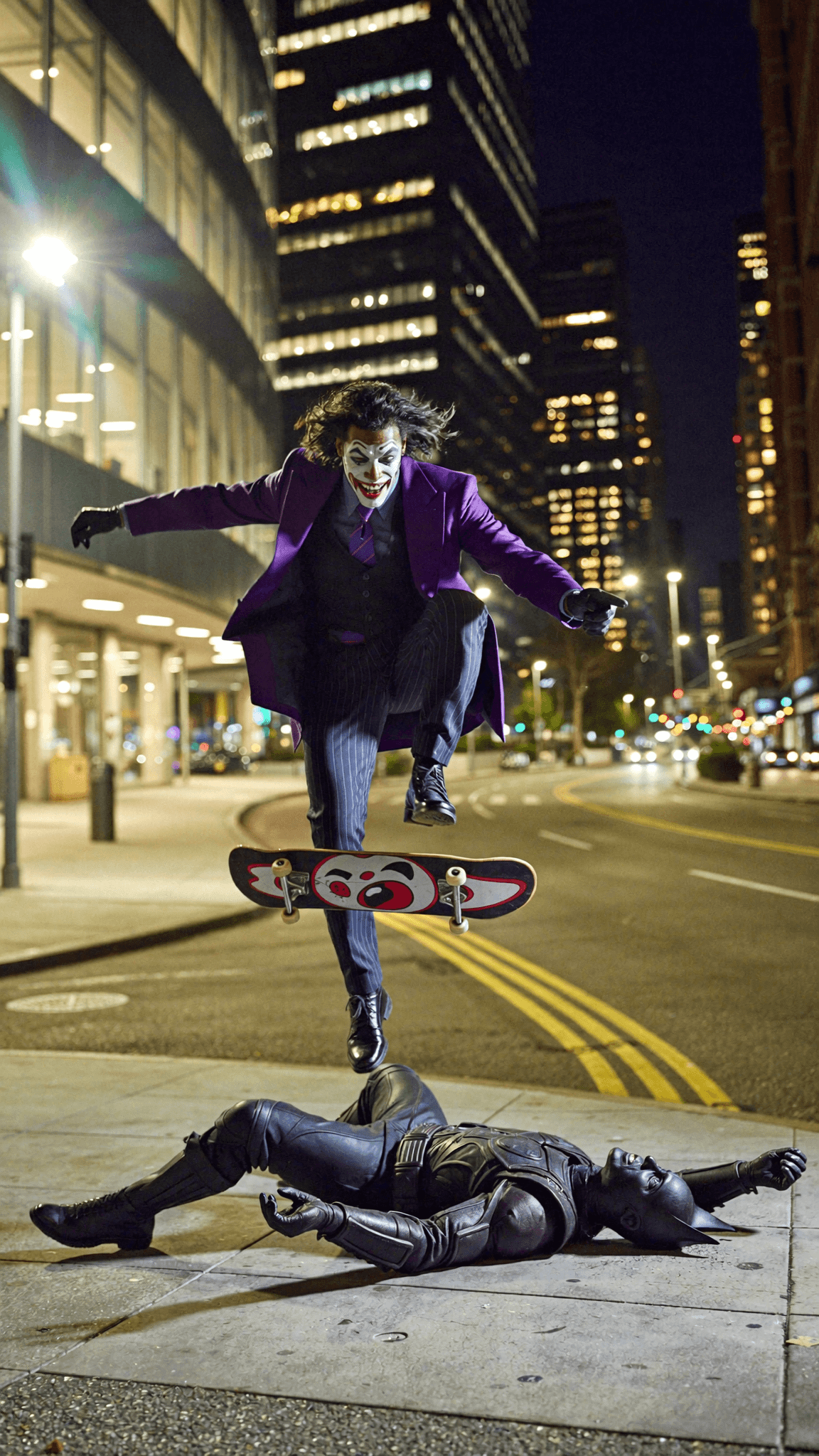 A character dressed as The Joker performs a skateboard trick over another character lying on the ground in an urban nighttime setting.