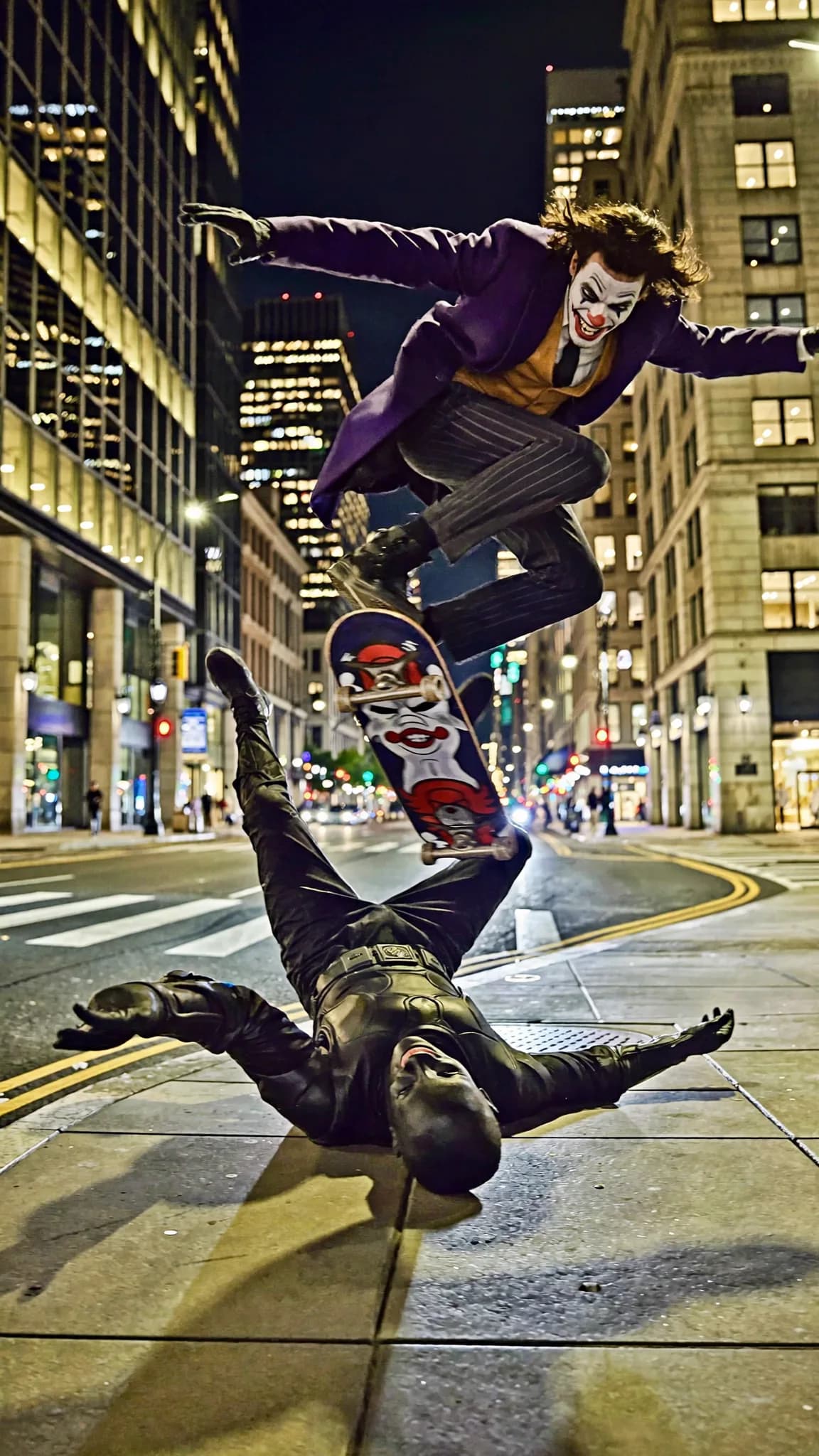 A person dressed as a clown performs an aerial trick over another character lying on the ground in a city street at night.