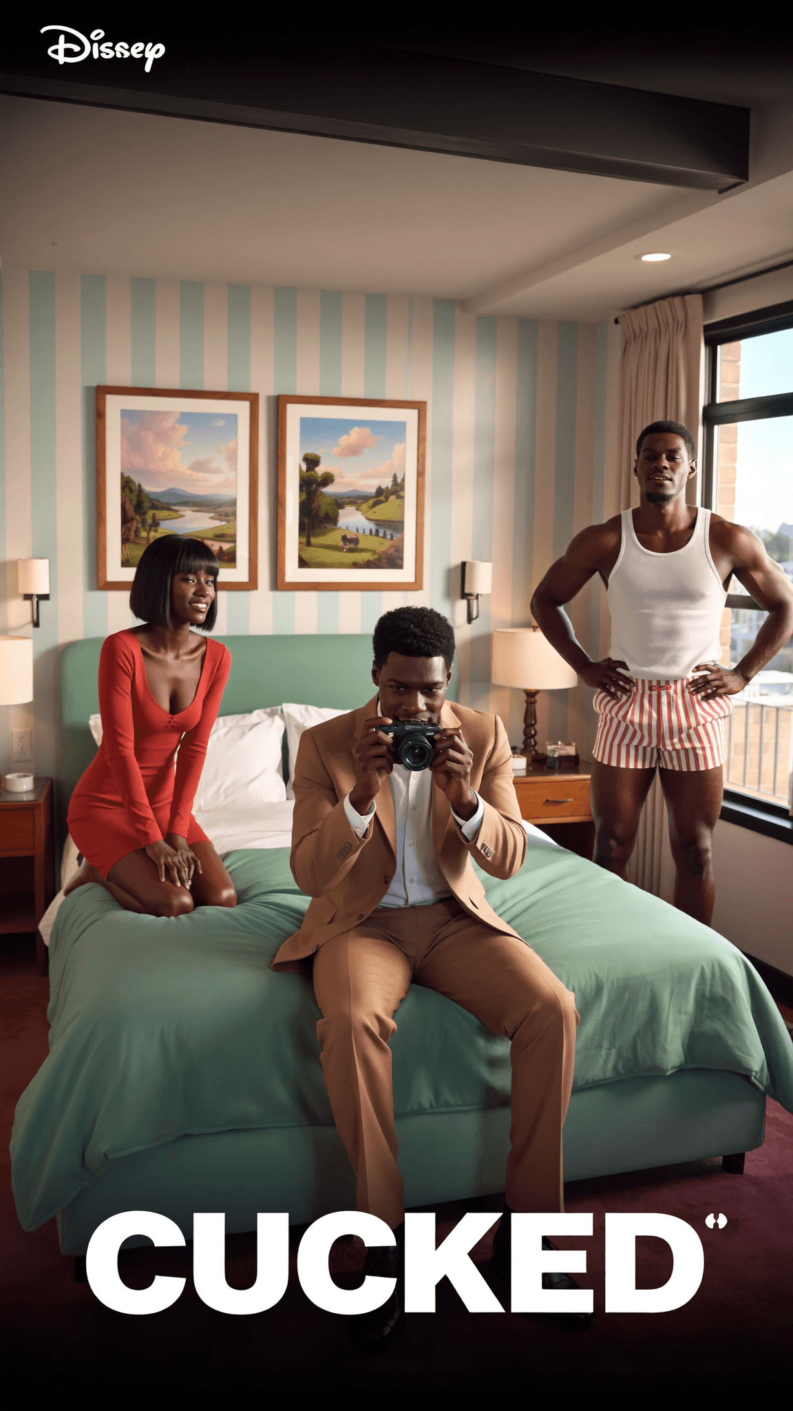 A woman in a red dress and two men, one seated with a camera and the other standing confidently, are in a bedroom setting.