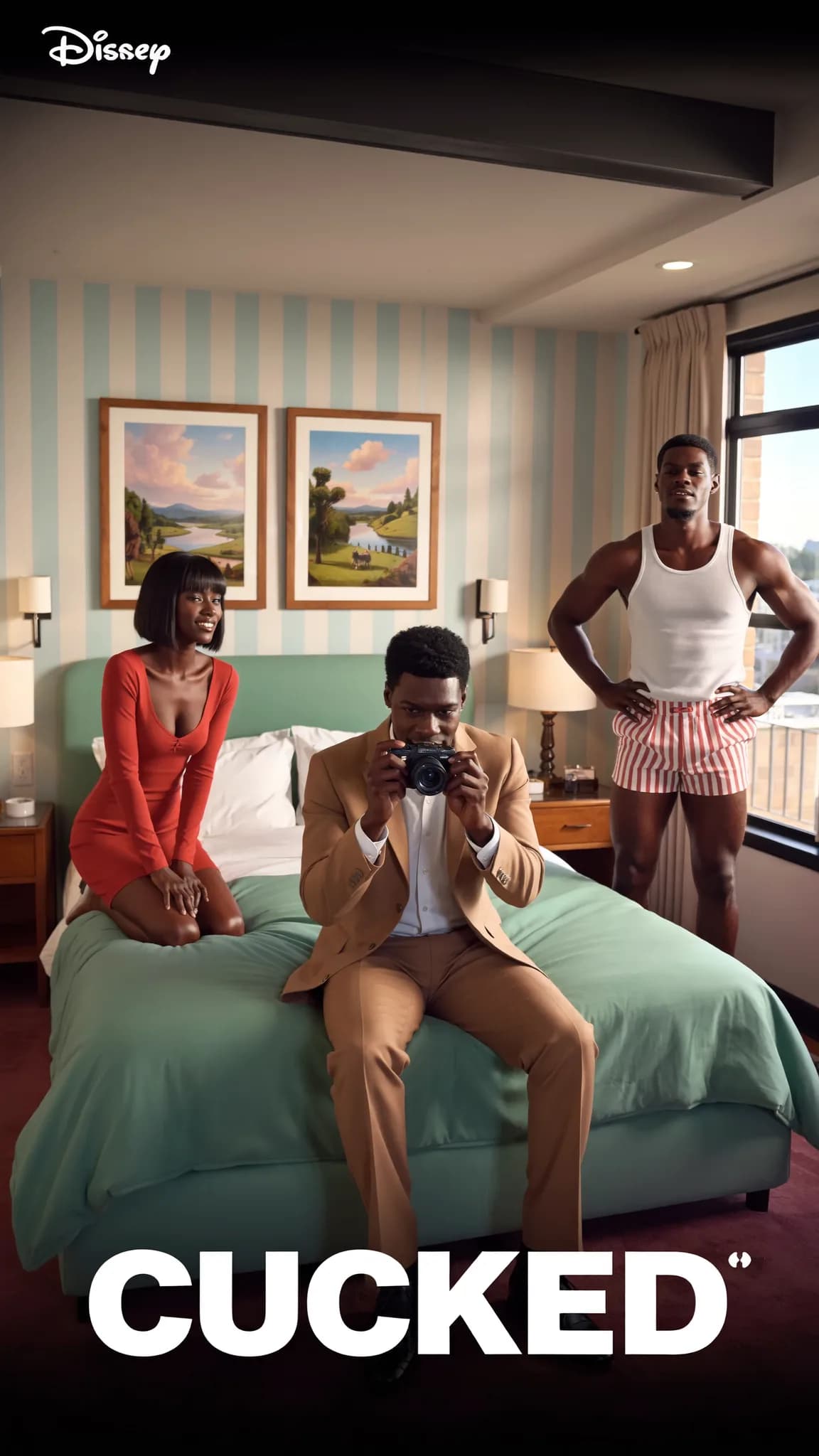 A woman in a red dress and two men, one seated with a camera and the other standing confidently, are in a bedroom setting.
