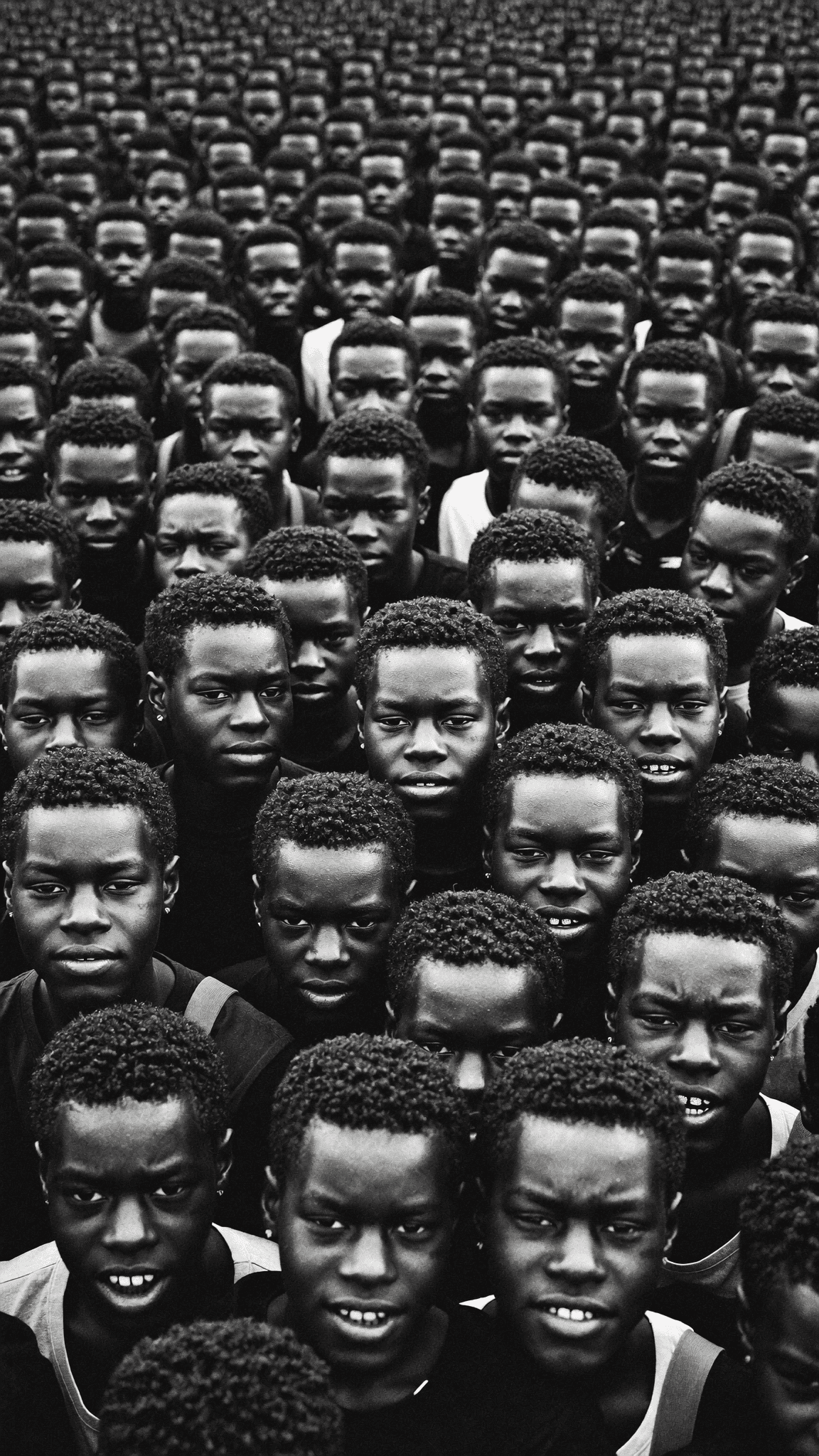 A large group of young individuals with similar hairstyles and expressions are gathered closely together outdoors.