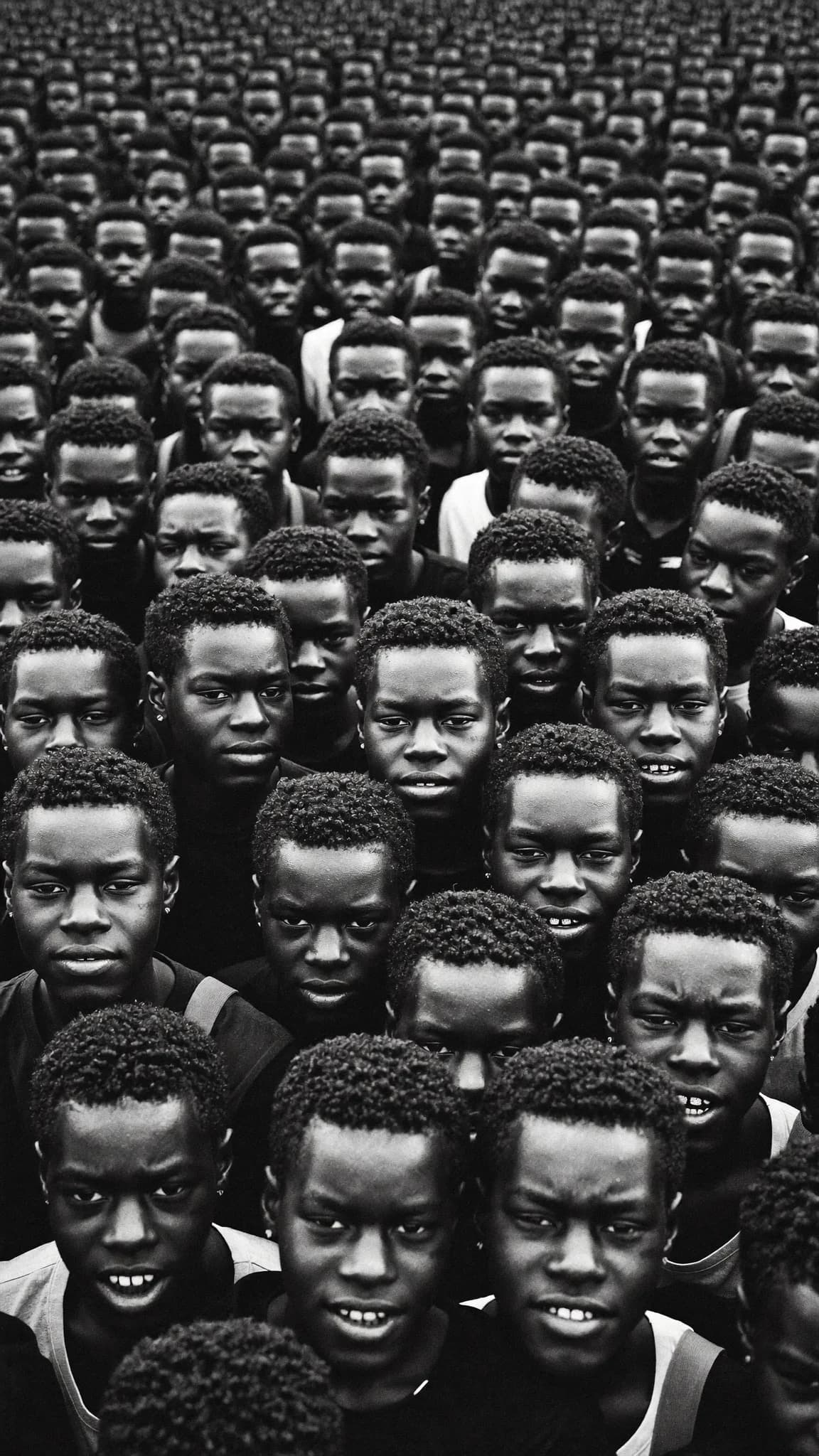 A large group of young individuals with similar hairstyles and expressions are gathered closely together outdoors.