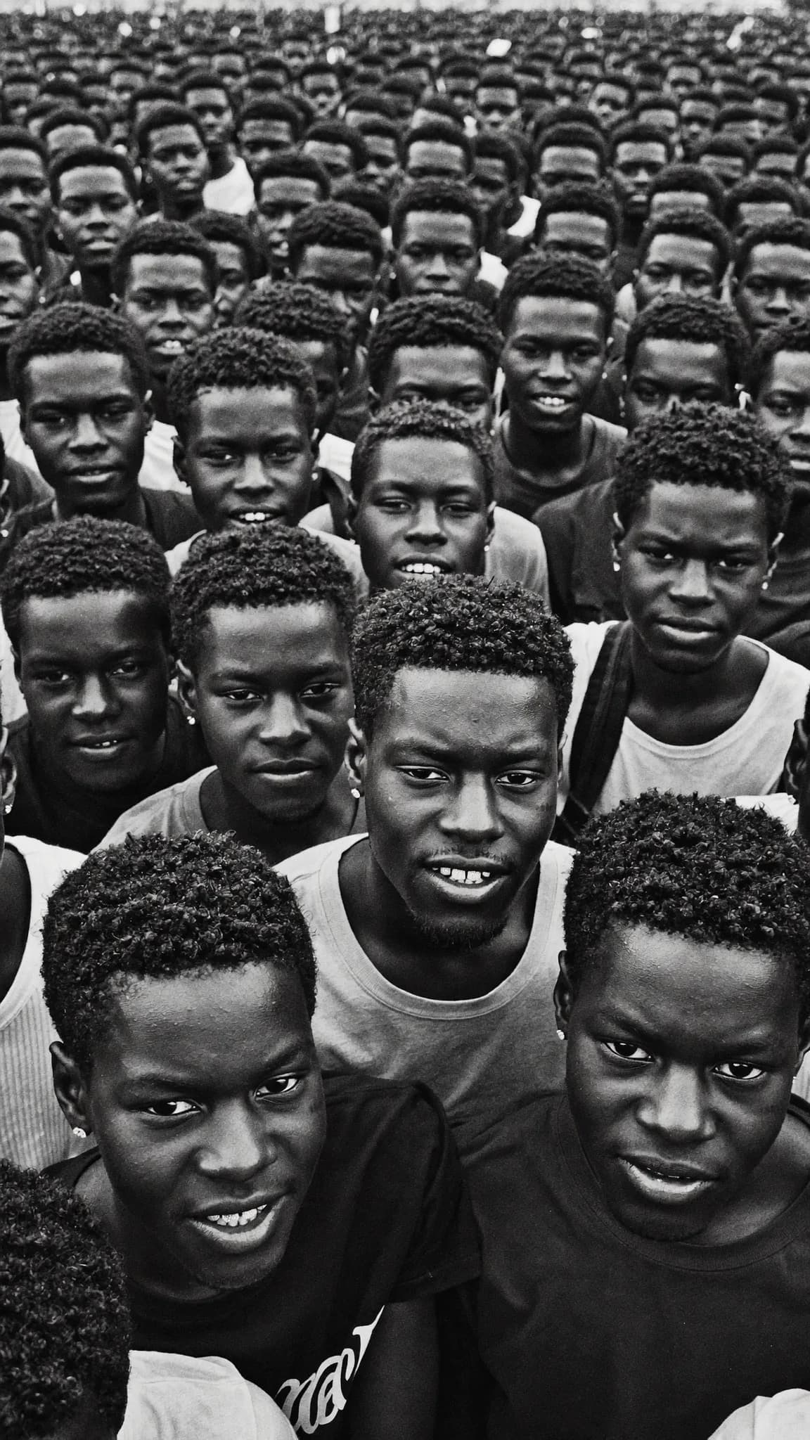 A large group of young people is gathered outdoors, with some looking directly at the camera.