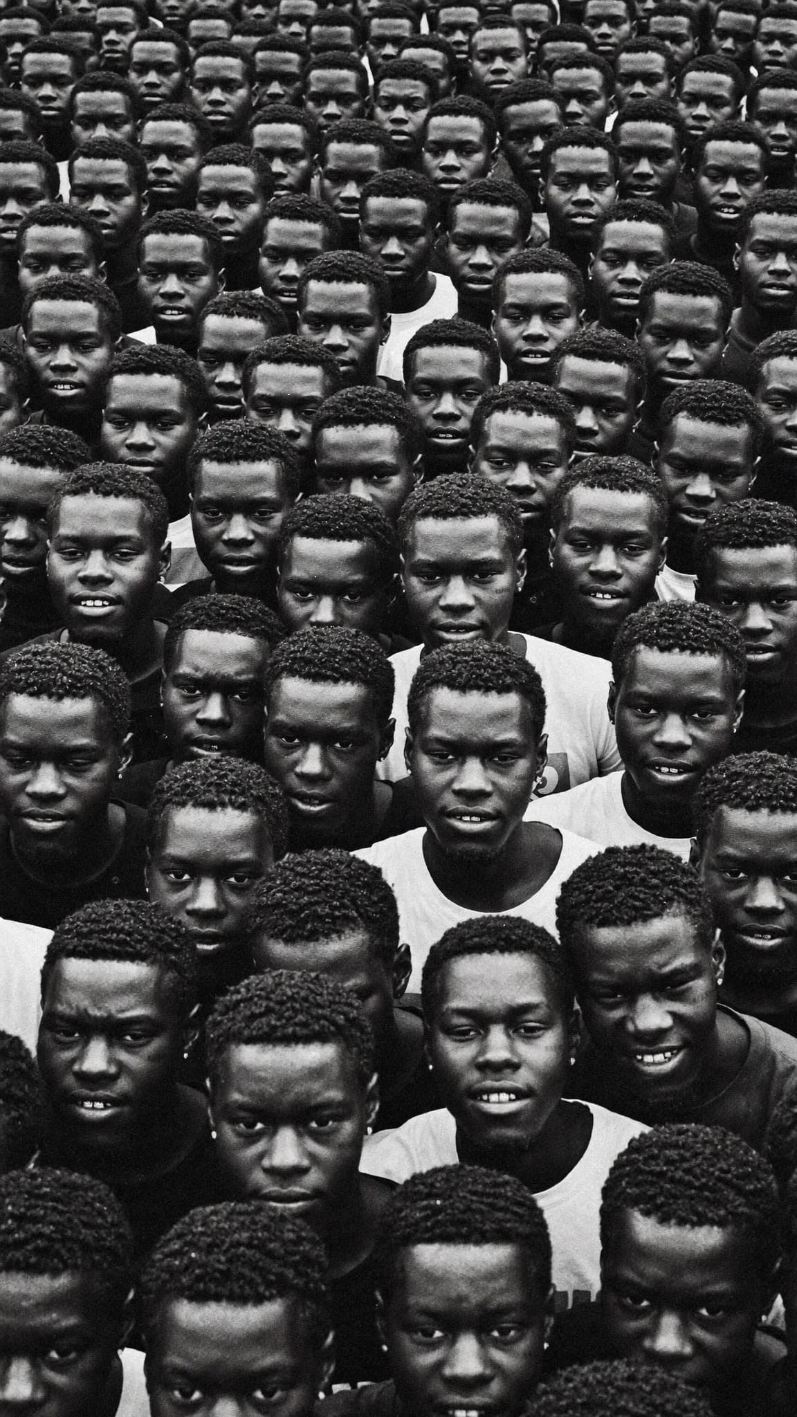 A large group of young men with similar hairstyles and expressions are closely packed together in a black-and-white photograph.