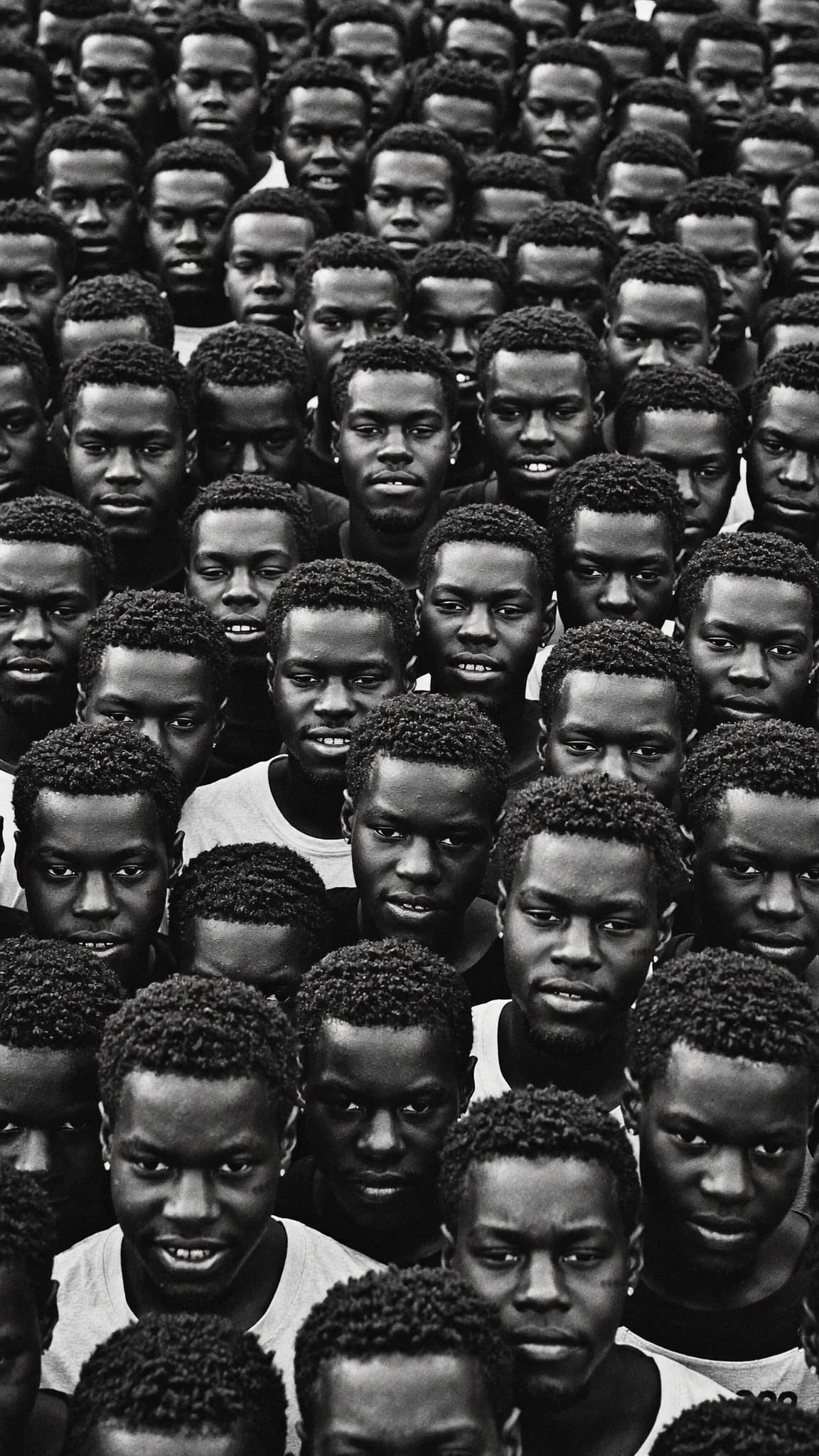 A large group of young men with similar hairstyles and expressions are closely packed together in a black-and-white photograph.