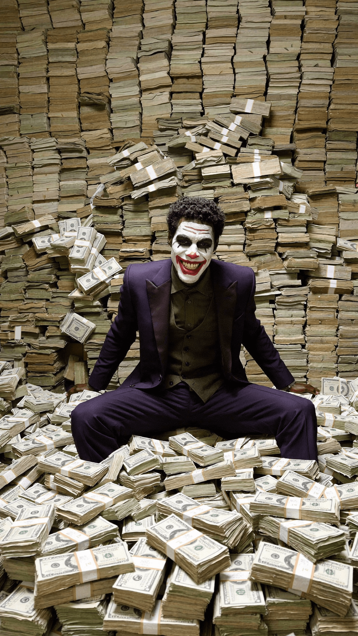 A person dressed in formal attire sits amidst a large pile of cash, with their face painted like The Joker.