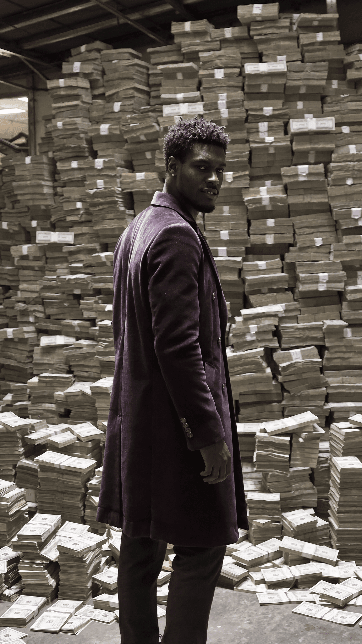 A man stands confidently in front of towering stacks of cash, dressed formally.