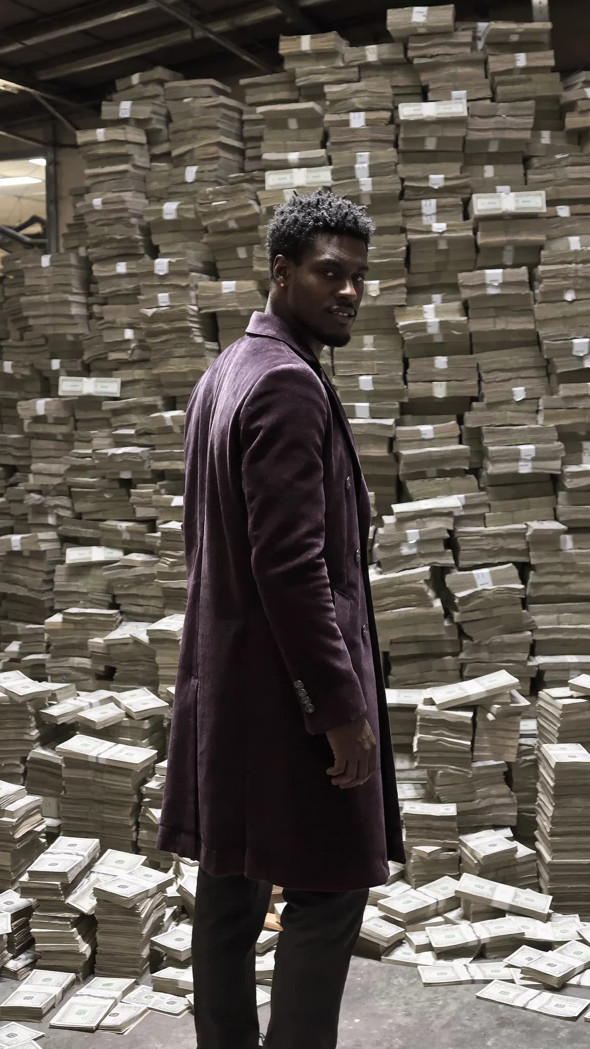 A man stands confidently in front of towering stacks of cash, dressed formally.