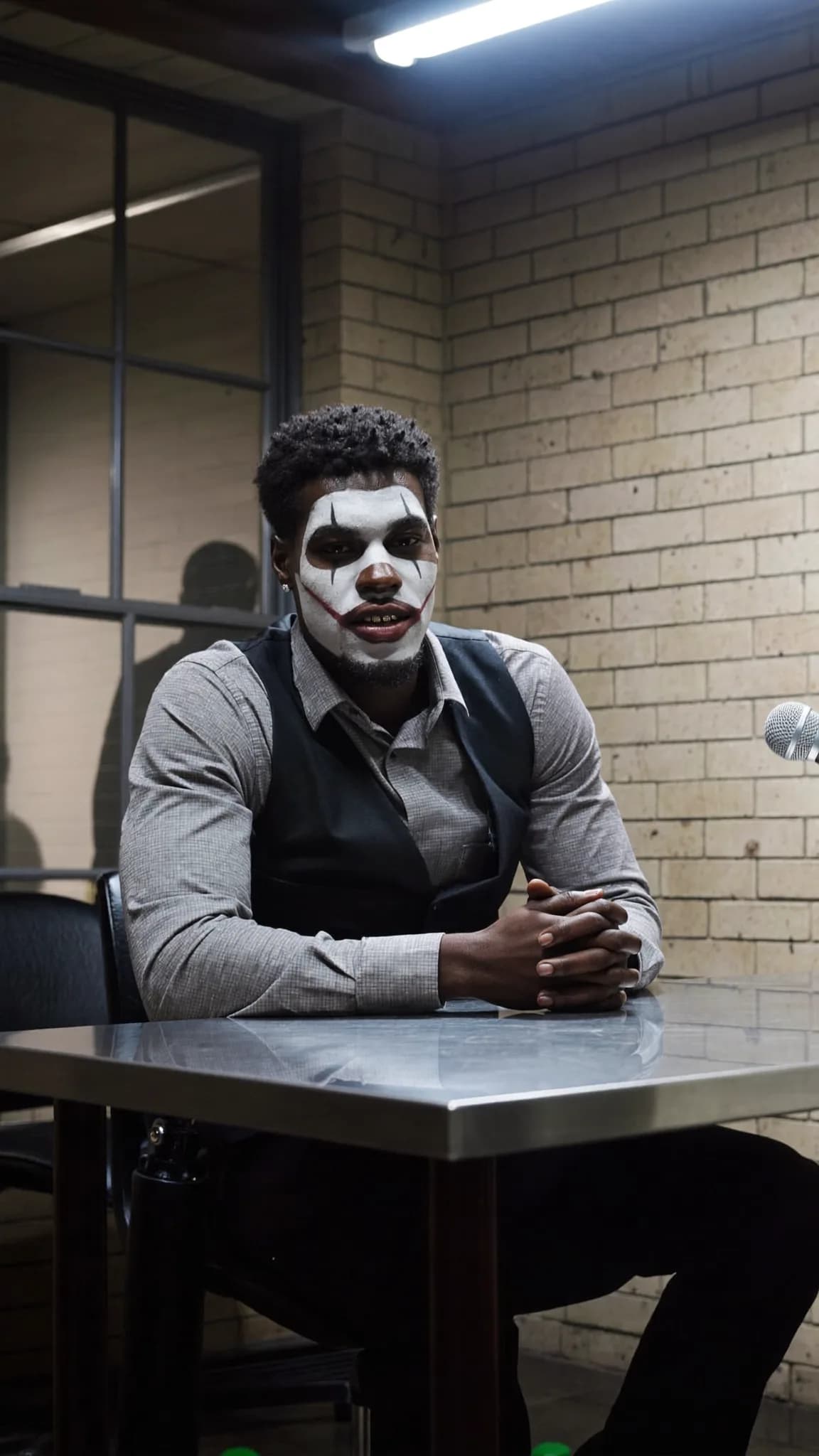 A person with clown makeup sits at a table in a studio setting.