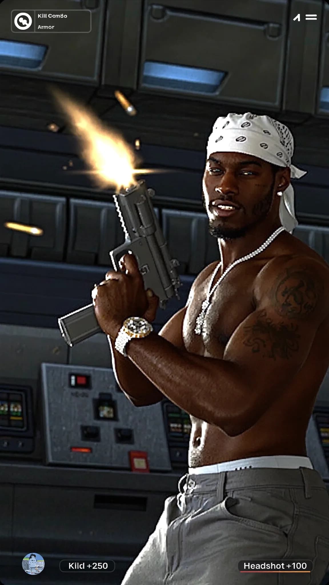 A shirtless man with tattoos holds a gun, firing it in an industrial setting.