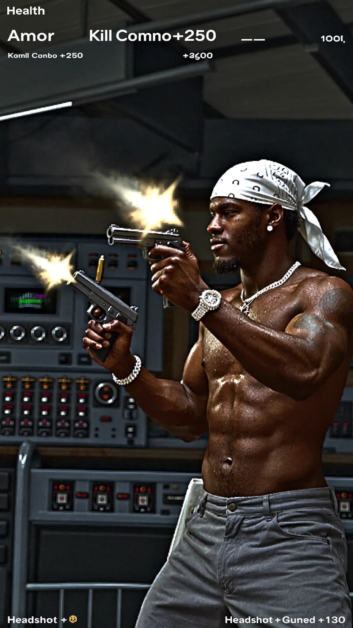 A muscular man in a bandana fires two guns, with health and combat stats displayed.