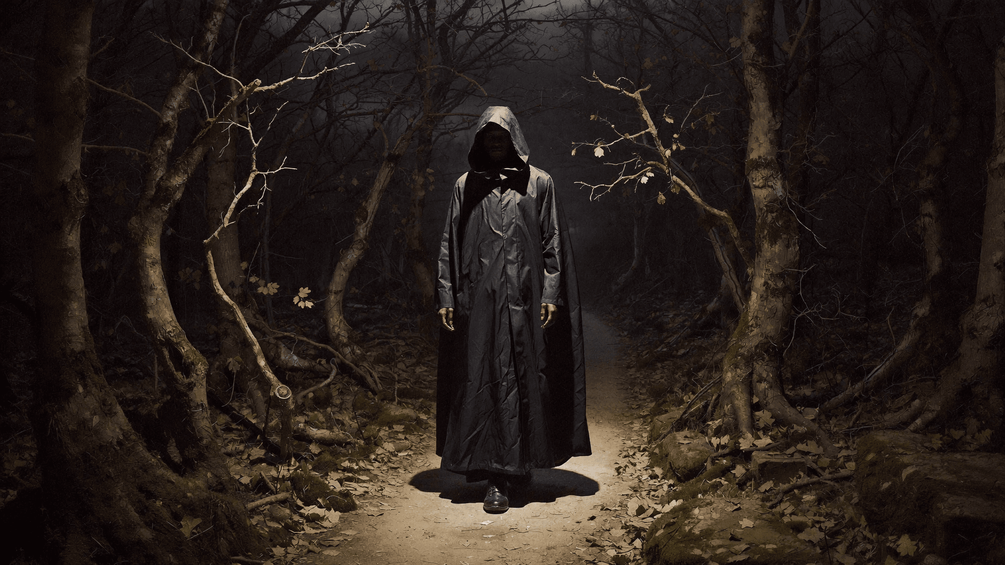 A figure in a black hooded cloak stands alone on a forest path at night.