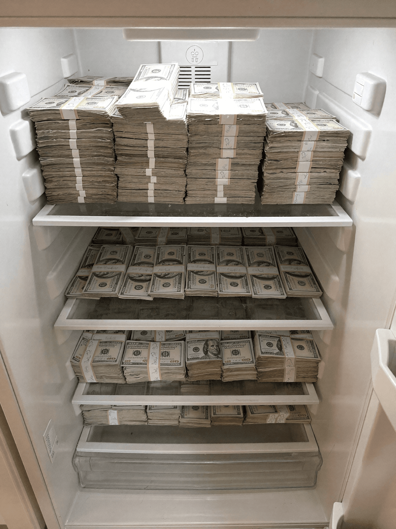 A refrigerator filled with stacks of US dollar bills.
