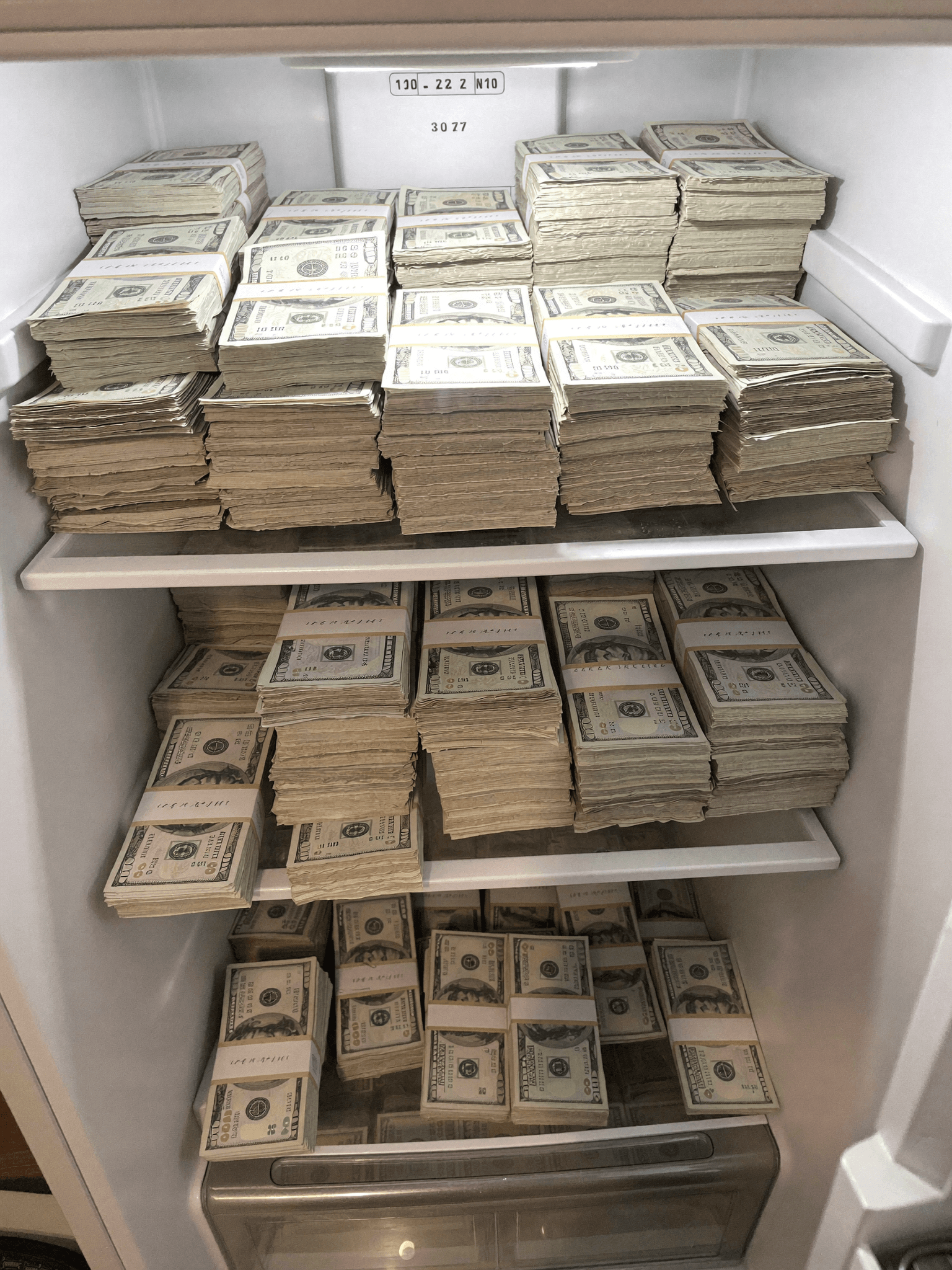 A refrigerator filled with stacks of US dollar bills.