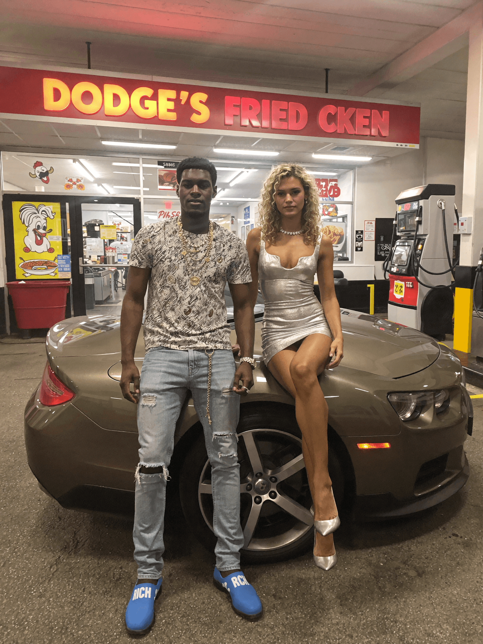 A woman in a silver dress poses on the hood of a car, while a man stands beside her wearing casual attire.