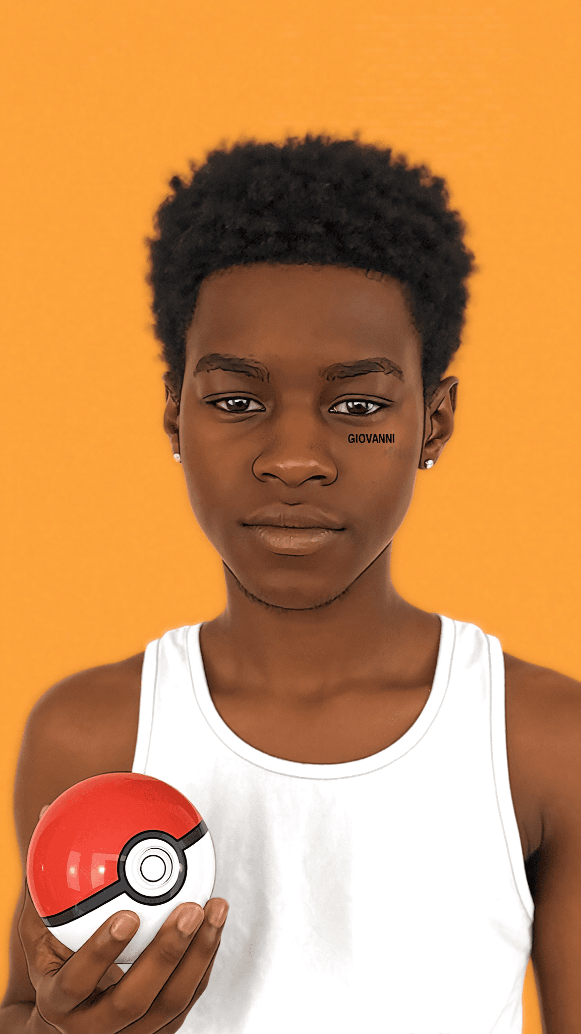 A young person with a pixie cut holds a Poké Ball against an orange background.