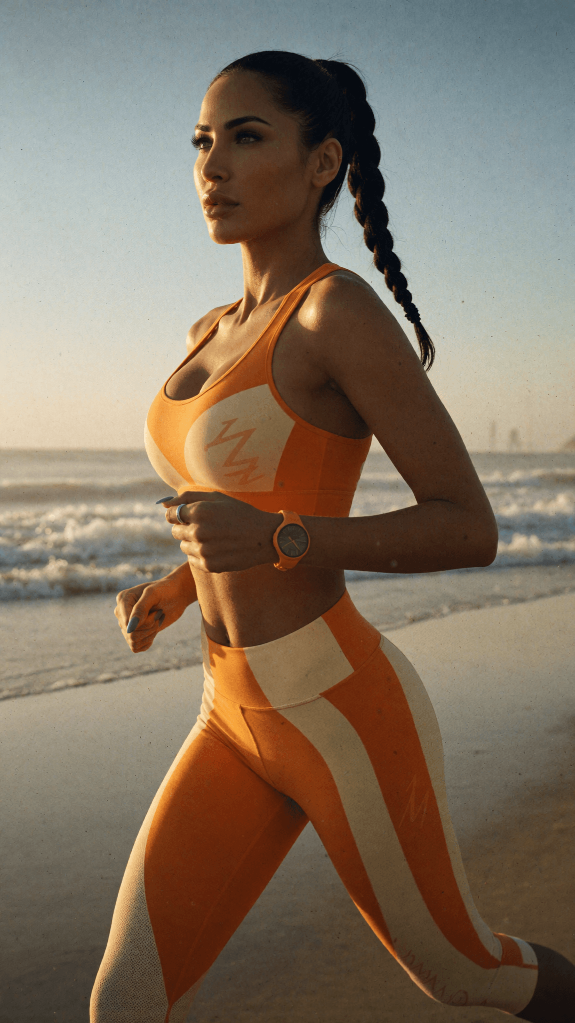 A woman in an orange and white athletic outfit runs along the beach at sunset.