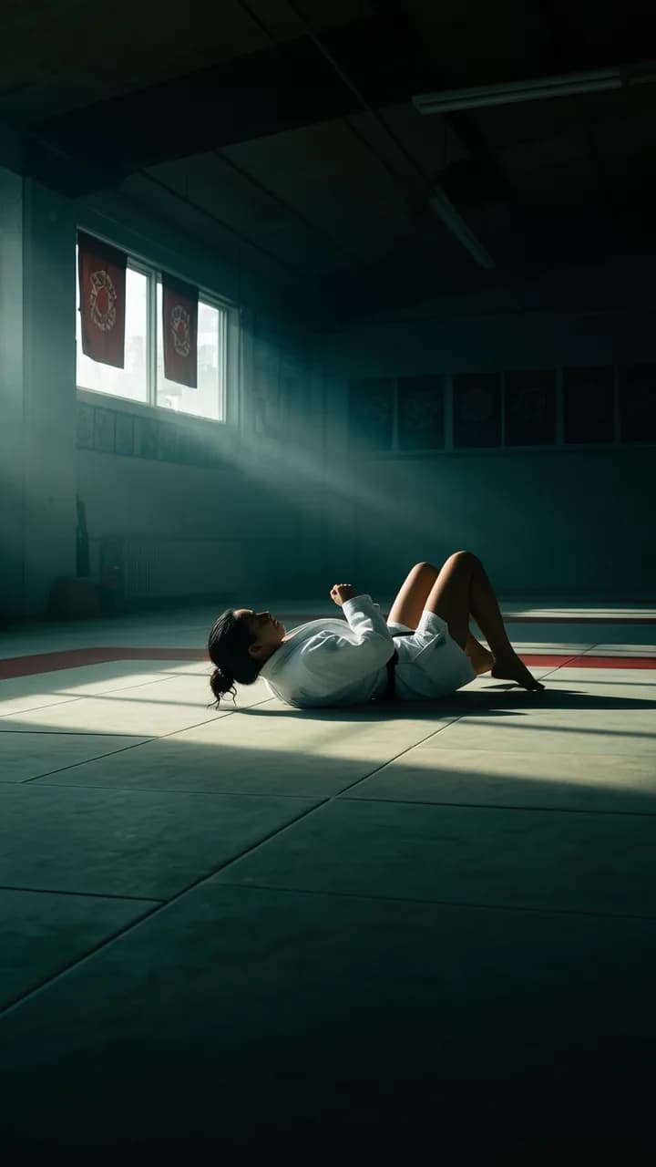 A person in an athletic outfit lies on the floor of a dimly lit room with beams of light streaming through windows.