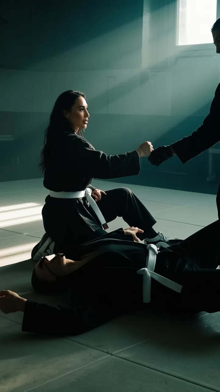A woman in an athletic outfit stands over a man on the floor, holding his hand in a martial arts setting.
