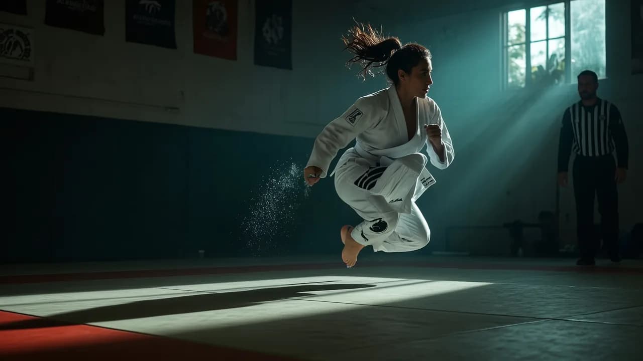 A woman in an athletic outfit performs a dynamic action pose, with sunlight streaming through the windows.