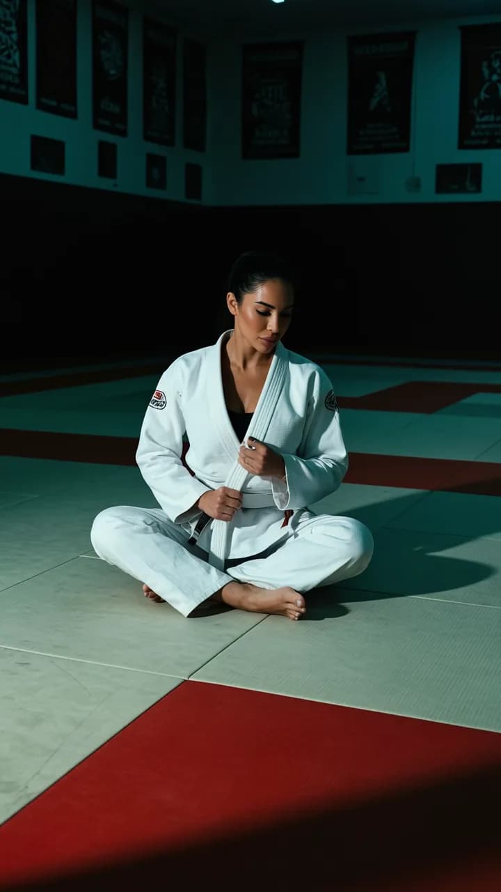 A woman in a white athletic outfit sits on the floor of a studio, exuding confidence and playfulness.