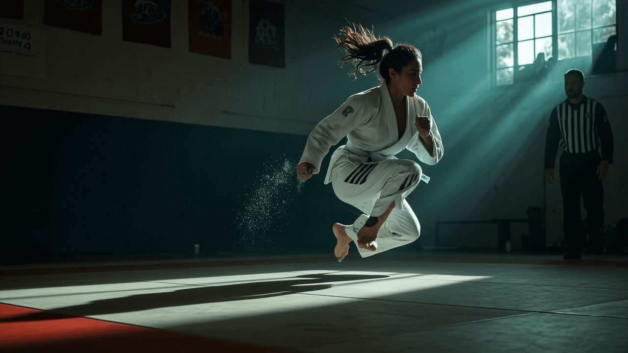 A martial artist performs a dynamic jump in a well-lit studio, with an observer nearby.