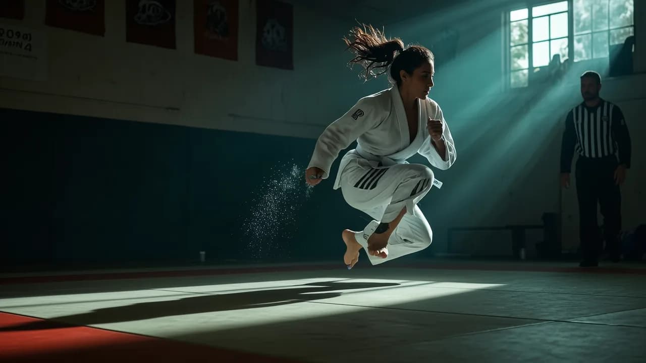 A martial artist performs a dynamic jump in a well-lit studio, with an observer nearby.