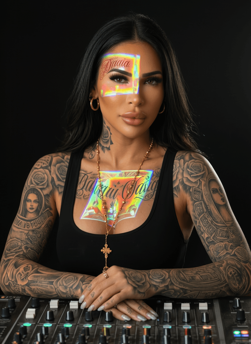 A woman with extensive tattoos and a holographic makeup design is posing in front of a DJ mixer.