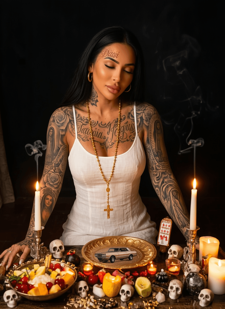 A woman with tattoos and a rosary sits at an altar adorned with skulls, candles, and fruit.
