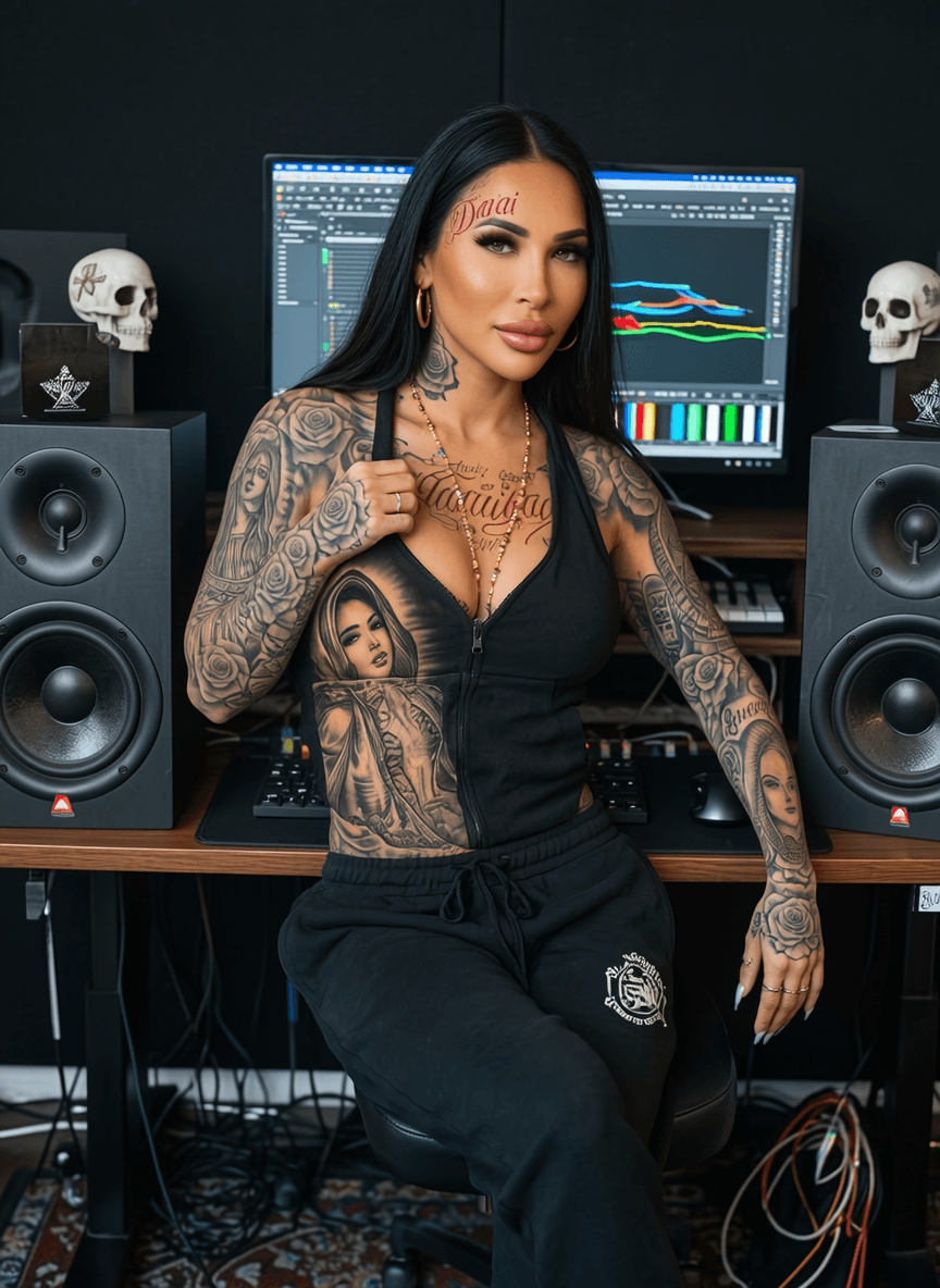 A woman with tattoos and a crop top sits in front of audio equipment, wearing casual athleisure attire.