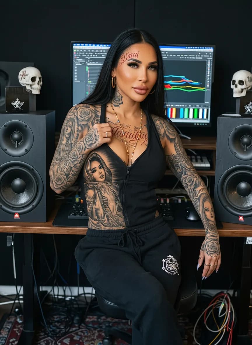 A woman with tattoos and a crop top sits in front of audio equipment, wearing casual athleisure attire.