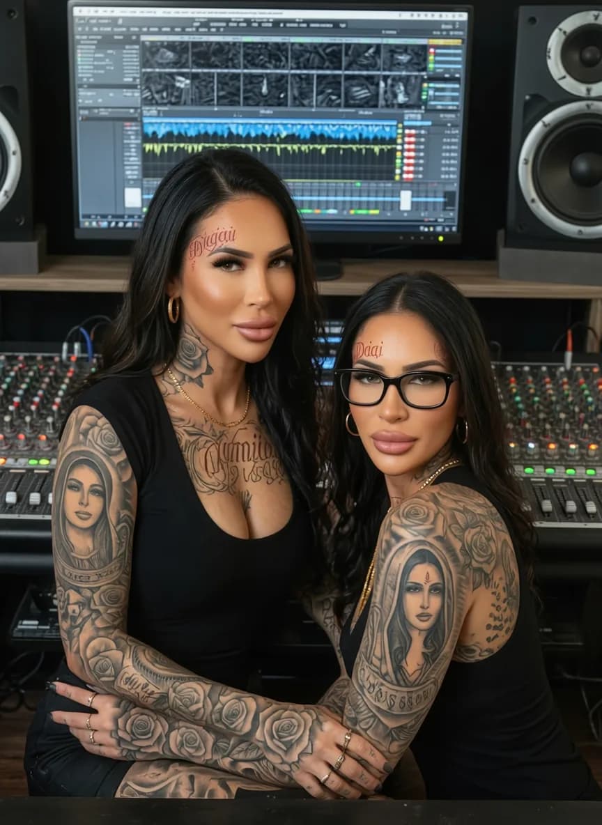Two individuals with extensive tattoos pose in a studio setting, showcasing their unique styles and personalities.