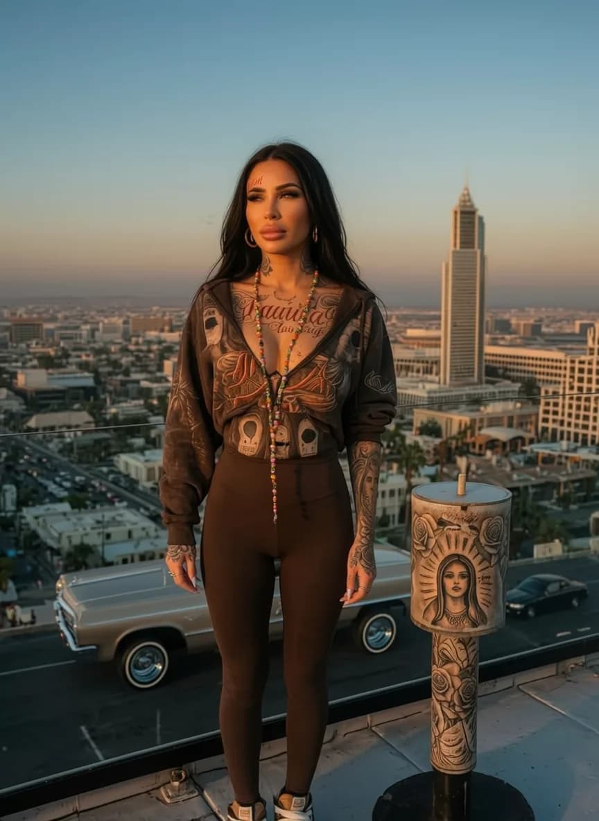 A woman stands on a balcony wearing athletic clothing, with the cityscape in the background during sunset.