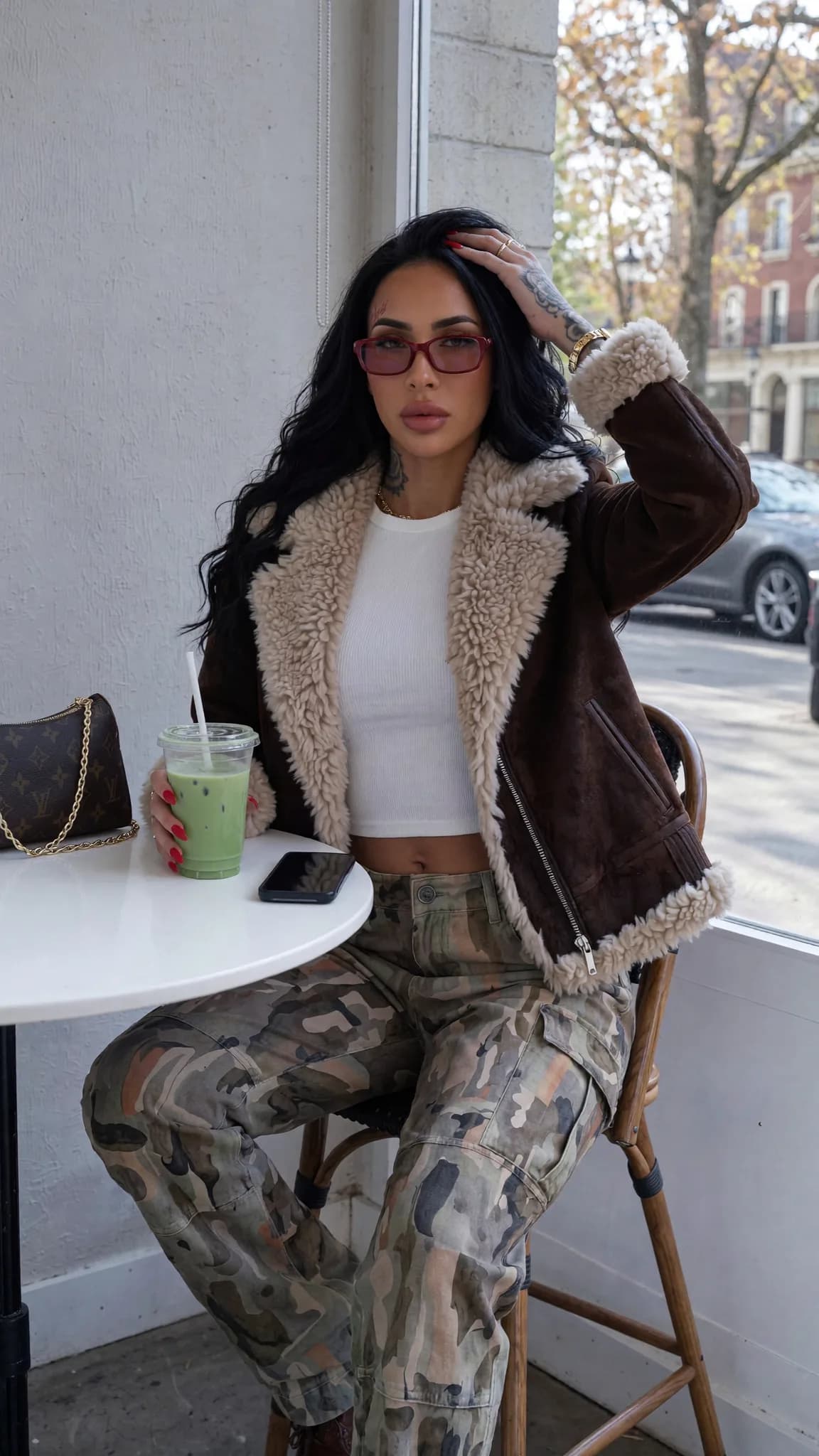A woman with long black hair and glasses sits at an outdoor table, holding a green drink.