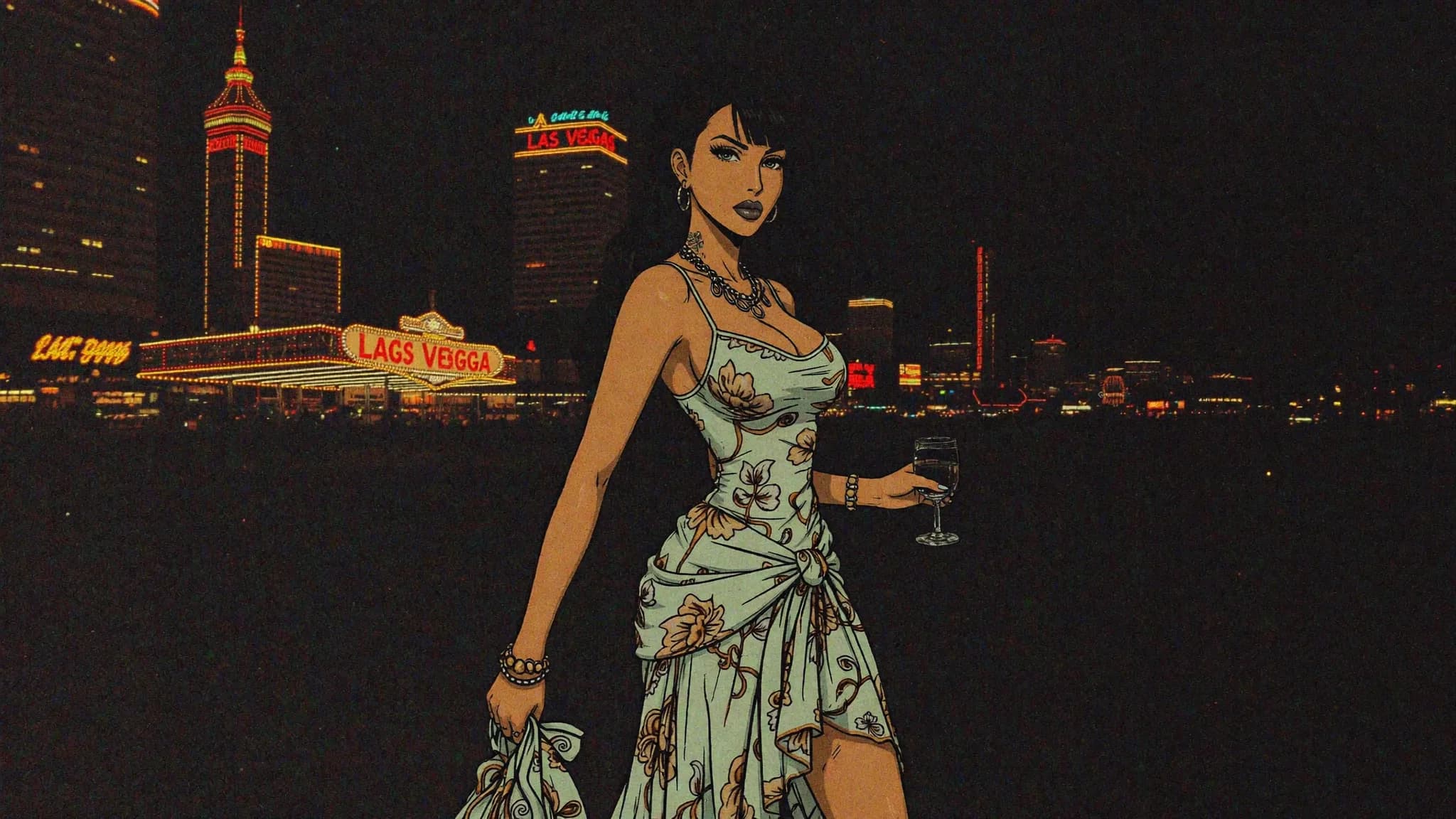 A woman in a dress stands confidently against the backdrop of Las Vegas at night, holding a glass.