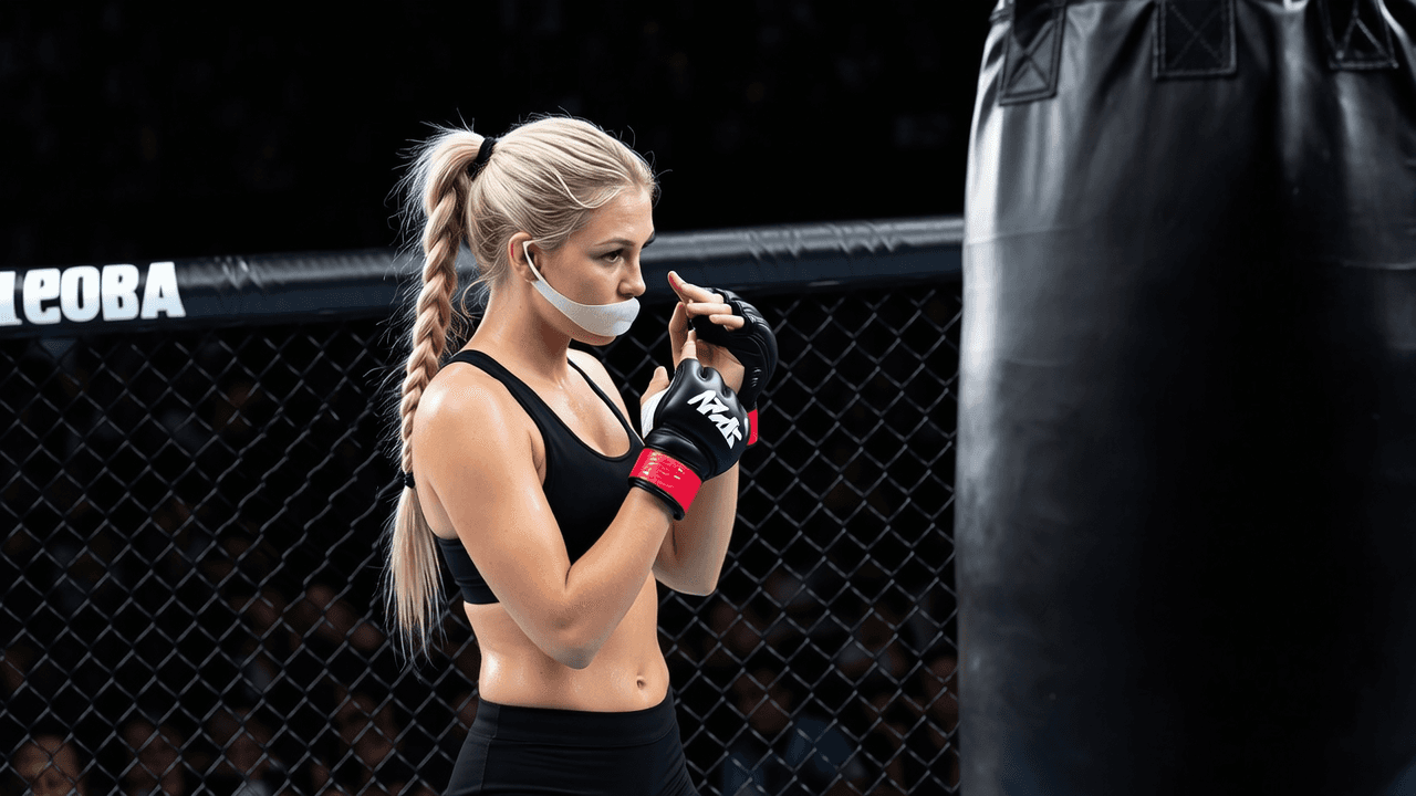 A woman in athletic wear trains with a punching bag in an octagonal ring.