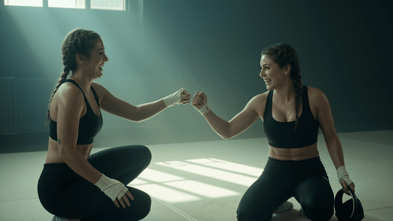 Two women in athletic wear share a moment of camaraderie while seated on the floor.